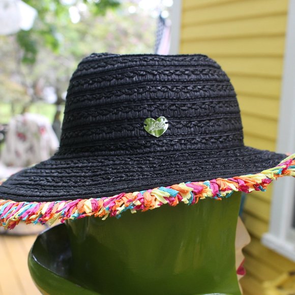 NWT Betsey Johnson Black Summer Hat With  Rainbow Fringe - Picture 2 of 6